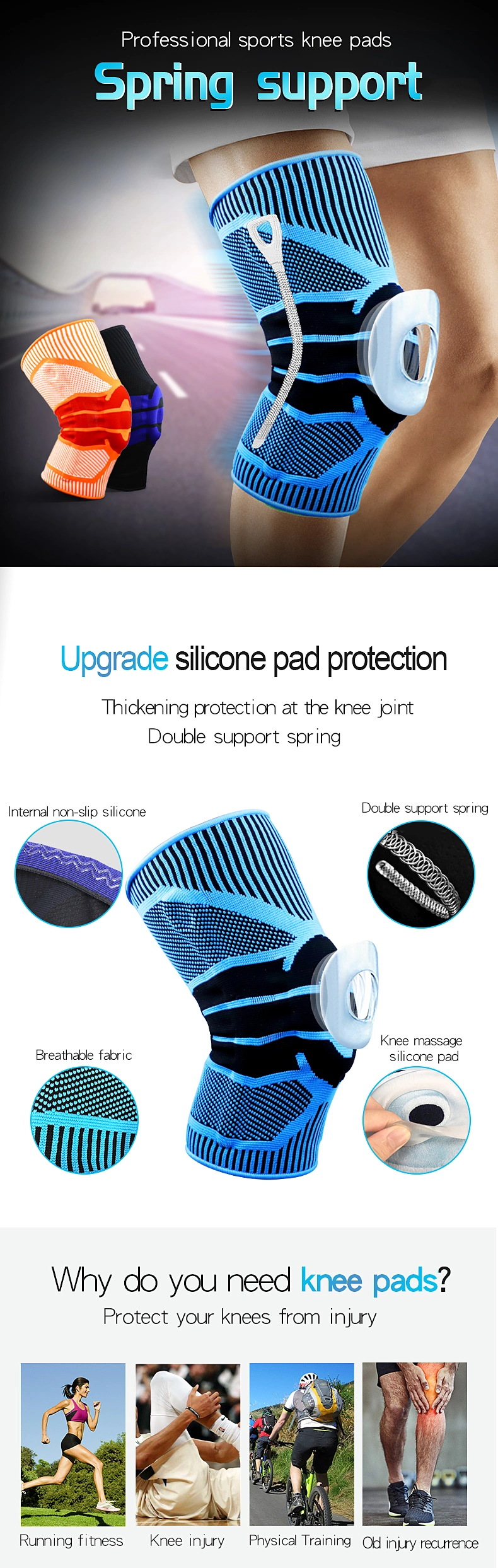 2098# Hot Sale High Elastic Compression Knee Sleeves Upgrade Anti-Slip Silicone Knee Pad